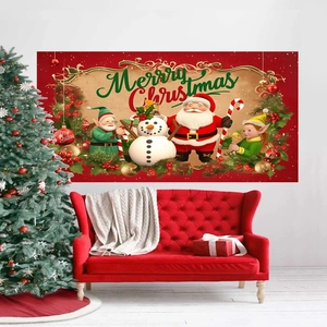 Festive Santa and elf Merry Christmas wall backdrop banner for holiday party decoration