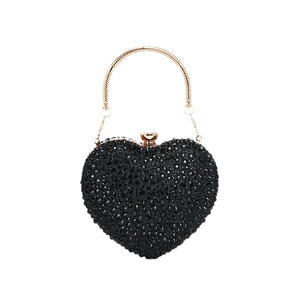 Elegant black heart-shaped rhinestone evening bag with gold metal handle and chain strap