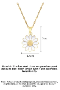 Close-up of a rotating sunflower pendant necklace featuring detailed product dimensions