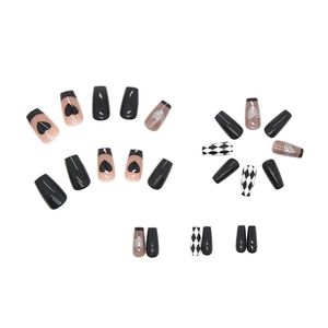 Cat eye heart checkerboard press-on nails set with black and pink almond shape tips