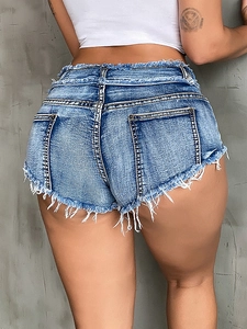 Damen Stretch-Jeans-Shorts mit hoher Taille, Rissen und ausgefranstem Saum in Blau
