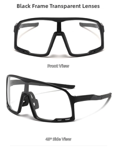Front and side views of black sports sunglasses with wide clear lenses for cycling