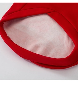 Detail of red pet hoodie showing soft white fleece lining and premium stitching