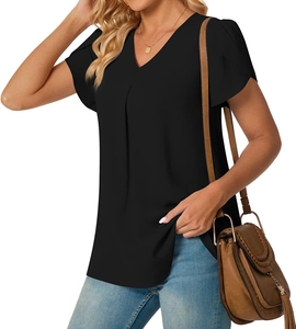 Detail of elegant V-neckline and ruffled petal sleeves on a black summer blouse