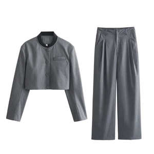 Women's professional grey pinstripe two-piece suit with cropped jacket and wide-leg trousers
