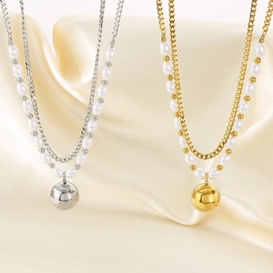 Minimalist double layer stainless steel necklace with round metal ball and pearls
