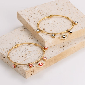 18K gold plated stainless steel evil eye open cuff bracelet with zircon and enamel charms