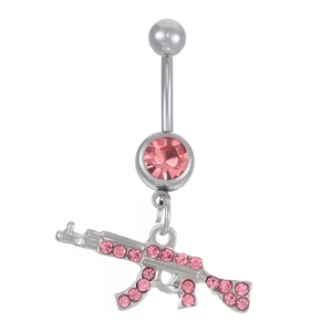 Pink zircon belly ring with AK-47 rifle pendant in silver-tone stainless steel