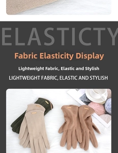 Detailansicht der elastischen Wildlederhandschuhe mit Logo-Plakette und Winterdekoration
