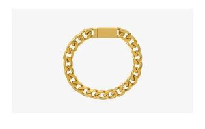 Close-up of polished 18K gold flat Cuban link bracelet with rectangular clasp and minimalist design