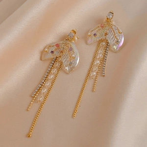 Orecchini A Nappa A Coda Di Pesce Con Perno In Argento Sterling 925 Rame Strass Perla Artificial Cristallo Iridescente Lungo Per Donne