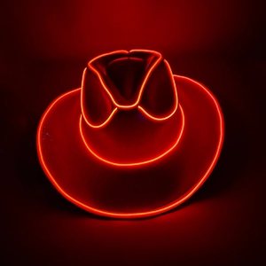 Close-up of red glowing LED neon light wire on dark felt cowboy hat for parties
