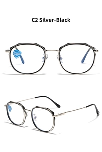 Detail of TR90 round frame glasses in silver and black with anti-blue light lenses