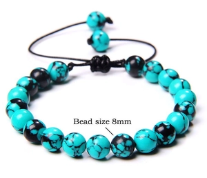 Detail of 8mm turquoise stone beads with black veins and adjustable woven cord