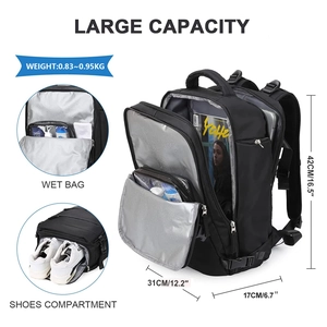 Detail view of large travel backpack with wet bag, shoe compartment and laptop storage