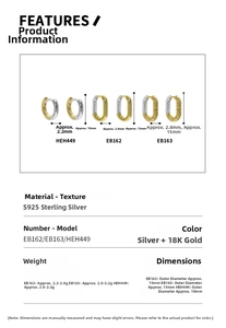 Detailed spec sheet showing S925 sterling silver hoop earrings with ripple texture details