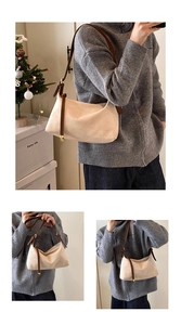 Three views of a beige suede crossbody bag with brown leather straps and gold buckle details