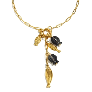 18K gold plated stainless steel paperclip necklace with five fish pendant charms