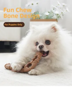 Detailed close-up of a white Pomeranian puppy biting a bone-shaped chew toy for teething