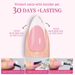 Infographic showing professional 3-step application of French manicure builder gel for 30-day wear