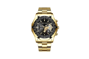 Close-up of the black dial and golden tachymeter bezel on a professional steel watch