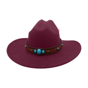 Burgundy faux suede cowboy hat with turquoise leather band in a bohemian western style