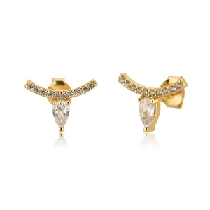 Elegant gold S925 silver stud earrings with white pear-cut zircon and micro-pave crystals
