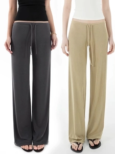 Women's wide leg drawstring trousers in dark grey and beige with a soft drape finish
