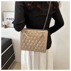 Quilted crossbody bag in beige with gold chain strap shown on a model from a side view