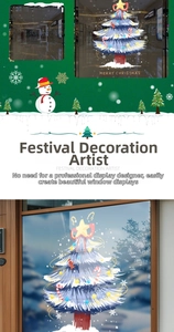 Detail of Christmas window stickers featuring snowman, tree and snowflakes for decoration