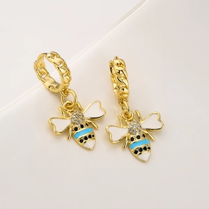 18K gold plated copper bee earrings with colorful enamel stripes and sparkling cubic zirconia