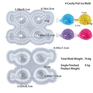 Dettaglio stampo in silicone a 4 pesci con dimensioni e pesi dei prodotti finiti in resina