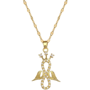 Gold angel wing infinity pendant necklace with crown detail and sparkling crystals