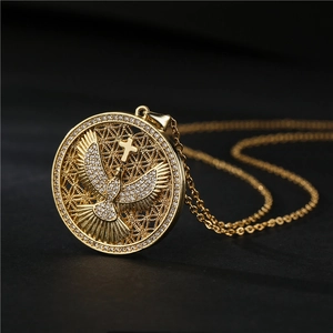 Punk style eagle disk pendant necklace with cubic zirconia and gold finish on O-chain