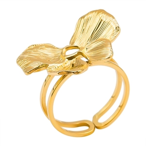 Bague ajustable pétales de papillon en acier inoxydable 304 doré avec design à double bande