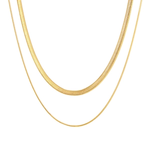Minimalist gold double layer necklace featuring snake chain and thin link chain on white backdrop