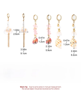 Detailed size chart for bohemian shell earrings with alloy materials and stone accents