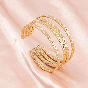 Hammered Stainless Steel Cuff Bracelet Multi Layer Open Adjustable Minimalist 18K Gold Bangle Jewelry For Women Vintage