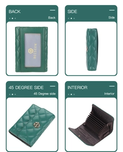 Multi-angle view of green quilted accordion card holder with ID window and slots