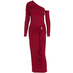 Detail view of burgundy ruched maxi dress with metal buckle and elegant drape