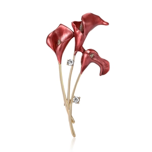 Exquisite red calla lily enamel brooch with gold stem and sparkling rhinestones