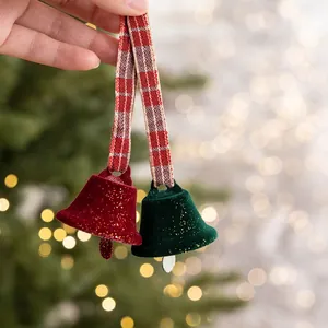 Christmas Hanging Bell Ornaments Flocked Iron With Gingham Ribbon Bows Glitter Festive Holiday Decoration