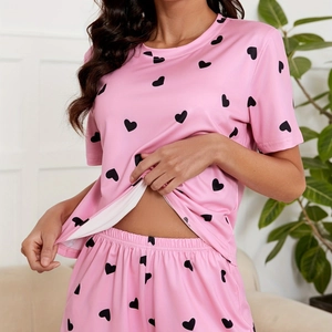 Pajama Top And Shorts Heart Print Polyester Spandex Loungewear Sweet Casual Women Sleepwear Pink