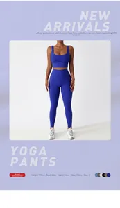 Détails de l'ensemble de yoga bleu roi comprenant un haut dos croisé et un legging taille haute