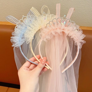 Girl's princess crown headbands with bow tulle in pink, beige, and blue colors