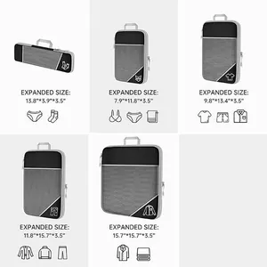 Size guide for expandable travel storage organizers with 5 diverse packing cube dimensions