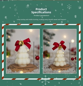 Size chart for Christmas tree scented candles featuring heights of 8cm and 9cm with dimensions