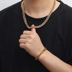 Men's hip hop gold plated stainless steel curb link chain necklace and bracelet set