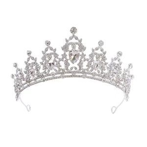 Elegant silver tiara with sparkling rhinestones and pear-cut center for bridal hairstyles