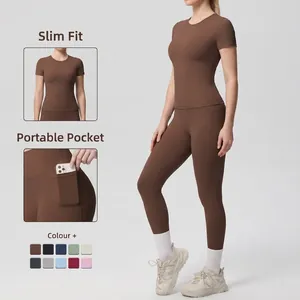 Women's Yoga Set Double-Sided Brushed Activewear Short Sleeve Top And High Waist Leggings With Pockets Workout Outfit
